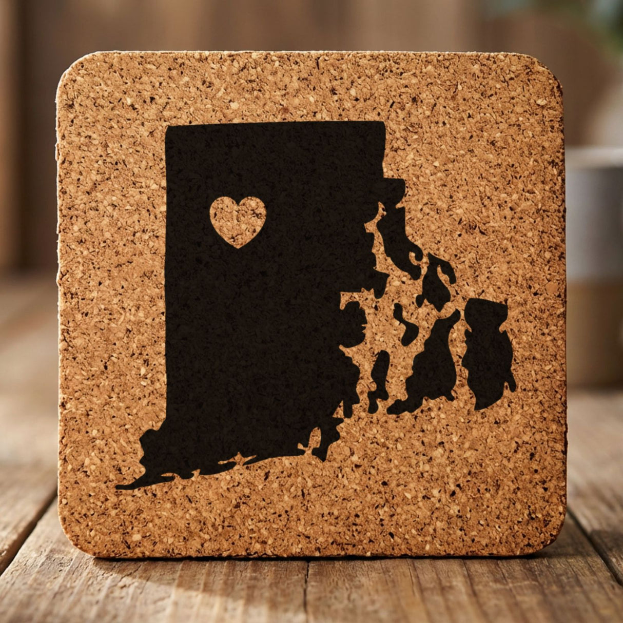 Rhode Island square cork coaster engraved with the state shape and a heart