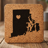 Rhode Island square cork coaster engraved with the state shape and a heart