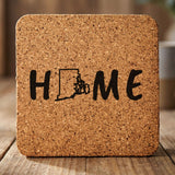 Rhode Island square cork coaster engraved with HOME using the state outline as the letter O