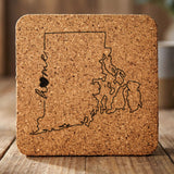 Rhode Island square cork coaster engraved with the state outline and home in script with a heart