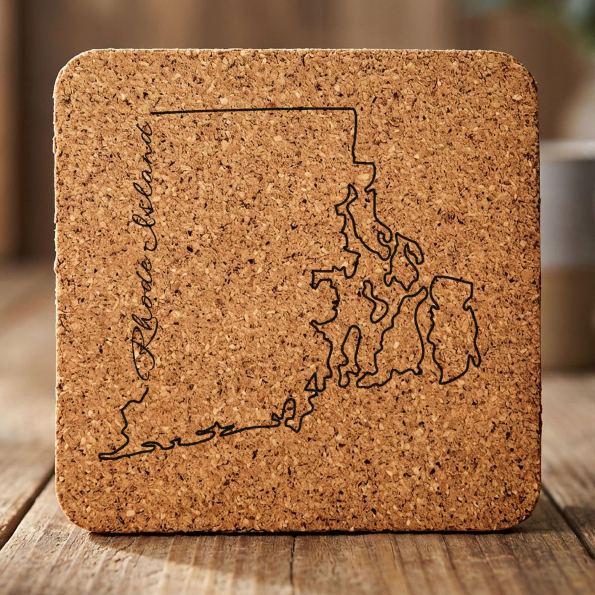 Rhode Island square cork coaster engraved with the state outline and Rhode Island in script lettering