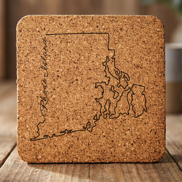 Rhode Island square cork coaster engraved with the state outline and Rhode Island in script lettering