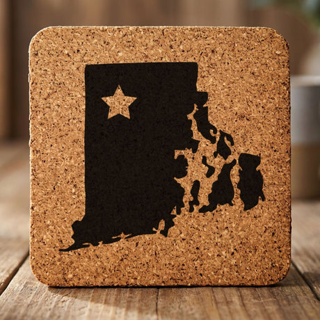 Rhode Island square cork coaster engraved with the state shape and a star