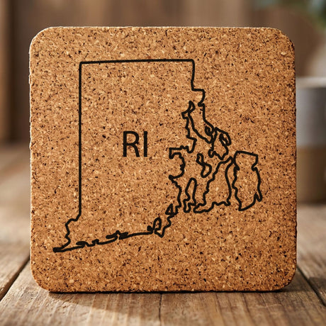 Rhode Island square cork coaster engraved with the state outline and RI initials