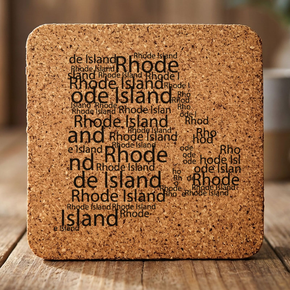 Rhode Island square cork coaster engraved with a word cloud of repeating Rhode Island text