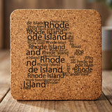 Rhode Island square cork coaster engraved with a word cloud of repeating Rhode Island text