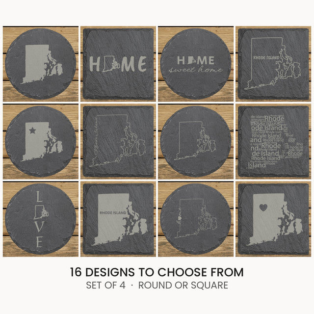 Rhode Island slate coaster set, laser engraved natural stone