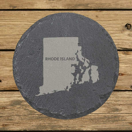 Rhode Island round slate coaster engraved with the state shape and RHODE ISLAND in bold lettering