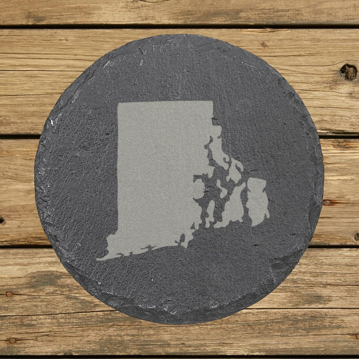 Rhode Island round slate coaster with the full state shape engraved