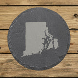 Rhode Island round slate coaster with the full state shape engraved