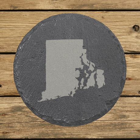 Rhode Island round slate coaster with the full state shape engraved