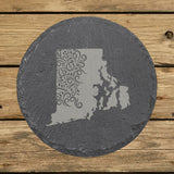 Rhode Island round slate coaster engraved with the state shape in ornate floral scrollwork