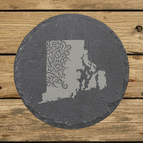 Rhode Island round slate coaster engraved with the state shape in ornate floral scrollwork