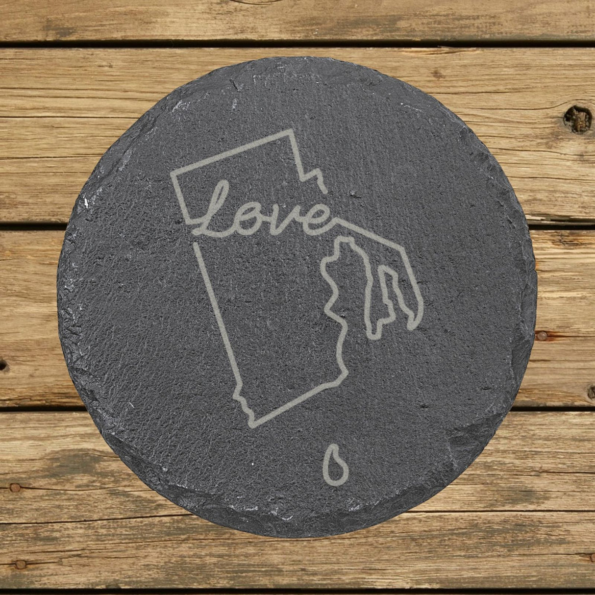 Rhode Island round slate coaster engraved with a hand-drawn state outline and love in cursive
