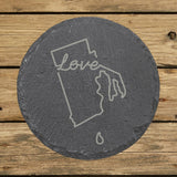 Rhode Island round slate coaster engraved with a hand-drawn state outline and love in cursive