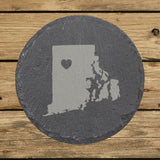 Rhode Island round slate coaster engraved with the state shape and a heart