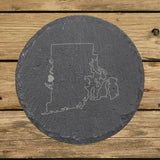 Rhode Island round slate coaster engraved with the state outline and home in script with a heart
