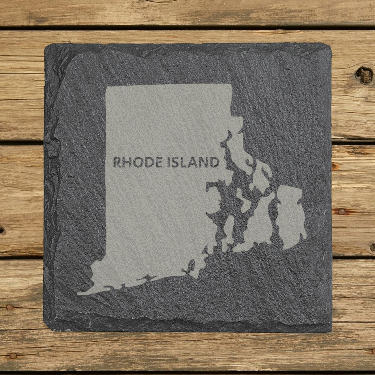 Rhode Island square slate coaster engraved with the state shape and RHODE ISLAND in bold lettering
