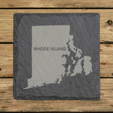 Rhode Island square slate coaster engraved with the state shape and RHODE ISLAND in bold lettering