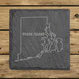 Rhode Island square slate coaster engraved with the state outline and RHODE ISLAND in hand-drawn brush lettering
