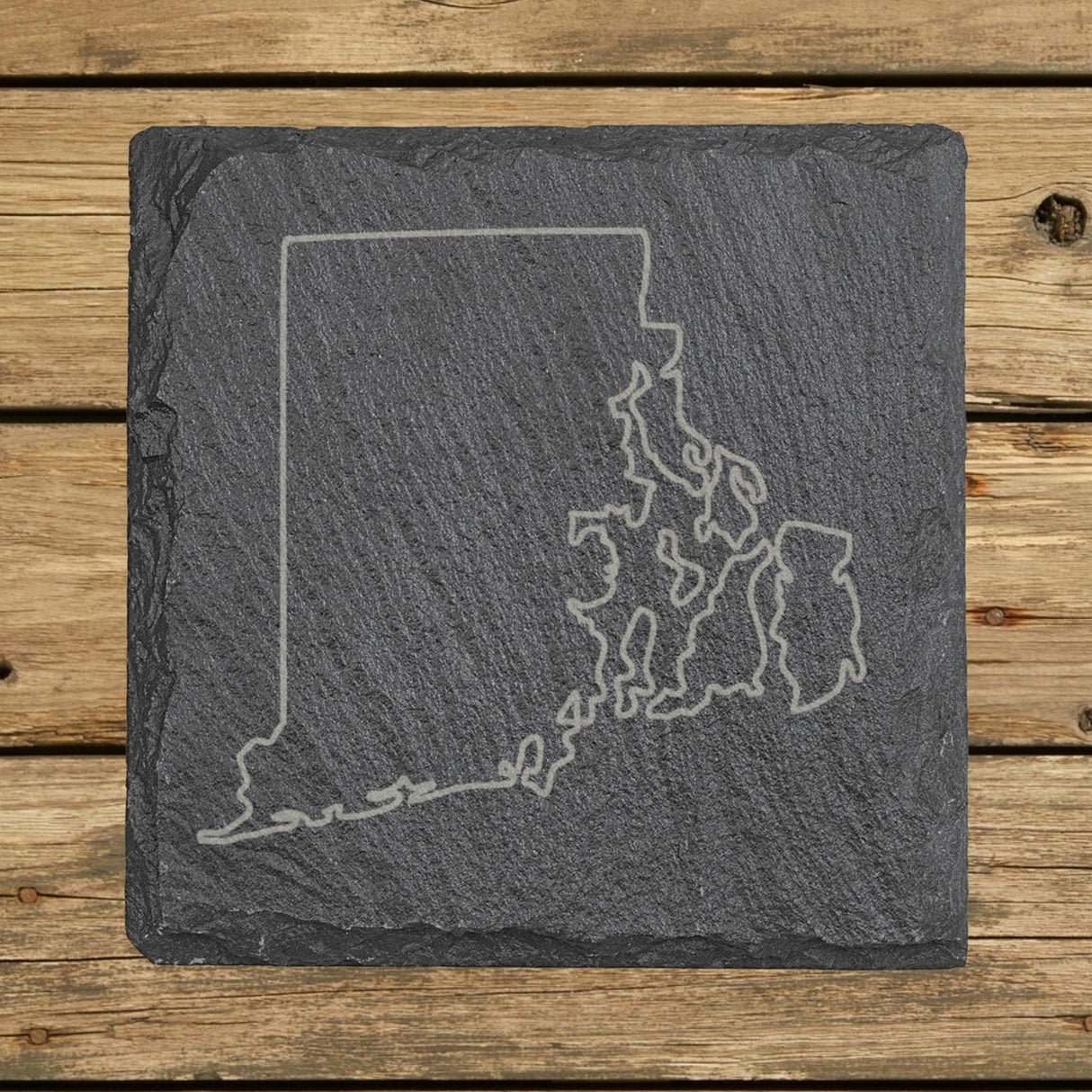 Rhode Island square slate coaster engraved with a clean state outline