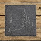 Rhode Island square slate coaster engraved with the state outline and est. 1776