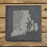 Rhode Island square slate coaster engraved with the state shape in ornate floral scrollwork