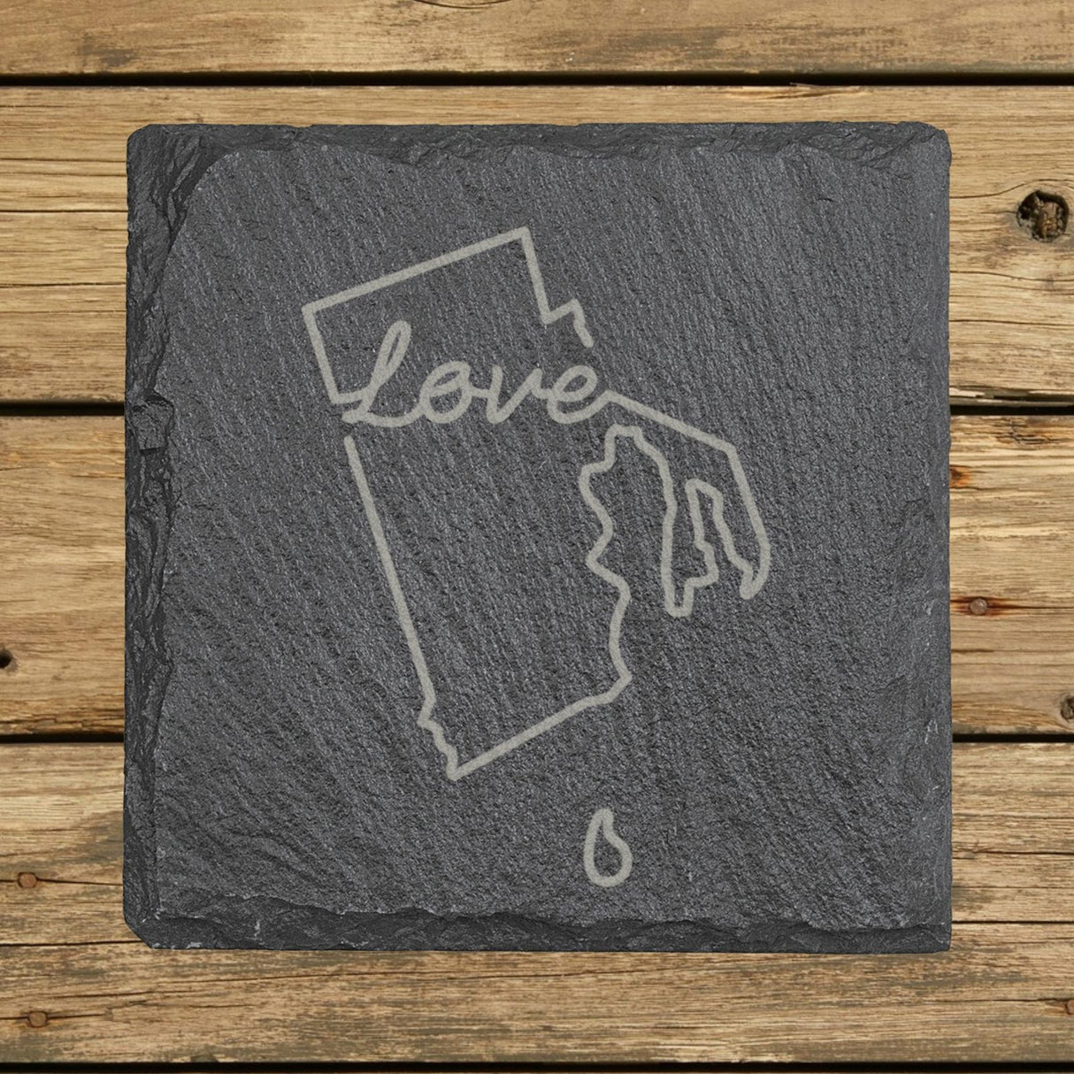 Rhode Island square slate coaster engraved with a hand-drawn state outline and love in cursive