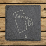 Rhode Island square slate coaster engraved with a hand-drawn state outline and love in cursive