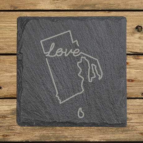 Rhode Island square slate coaster engraved with a hand-drawn state outline and love in cursive