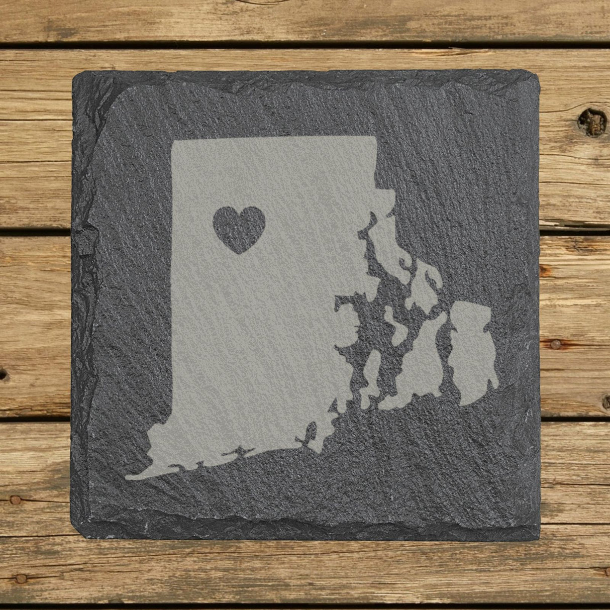 Rhode Island square slate coaster engraved with the state shape and a heart