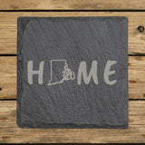 Rhode Island square slate coaster engraved with HOME using the state outline as the letter O