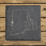 Rhode Island square slate coaster engraved with the state outline and home in script with a heart