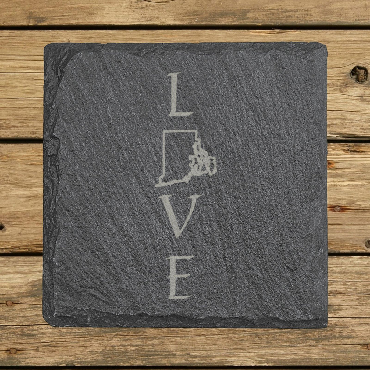 Rhode Island square slate coaster engraved with LOVE stacked vertically using the state as the letter O