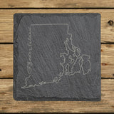 Rhode Island square slate coaster engraved with the state outline and Rhode Island in script lettering