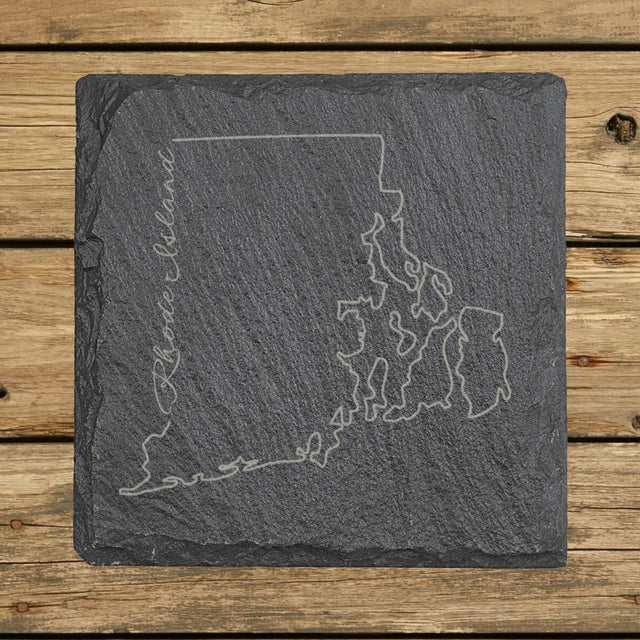 Rhode Island square slate coaster engraved with the state outline and Rhode Island in script lettering