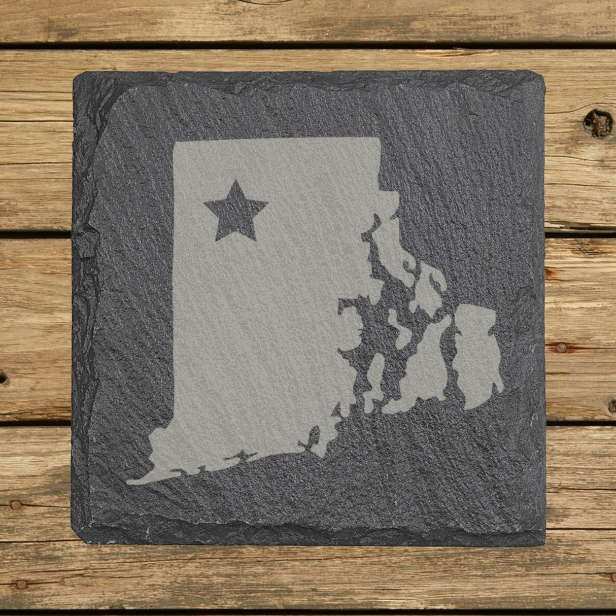 Rhode Island square slate coaster engraved with the state shape and a star