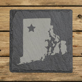 Rhode Island square slate coaster engraved with the state shape and a star