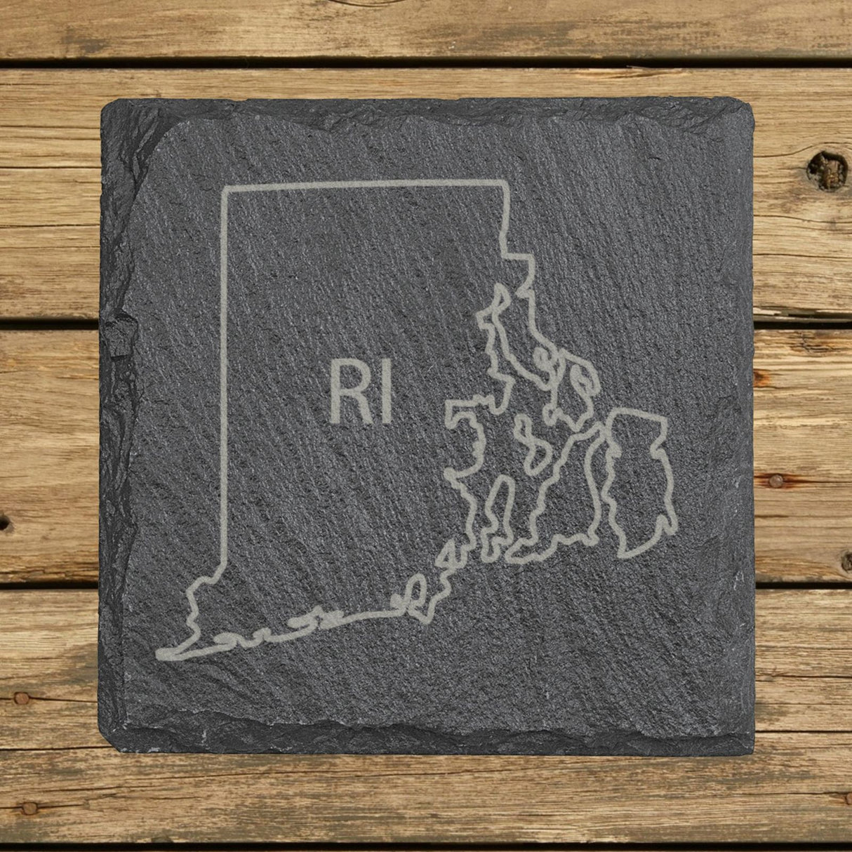 Rhode Island square slate coaster engraved with the state outline and RI initials