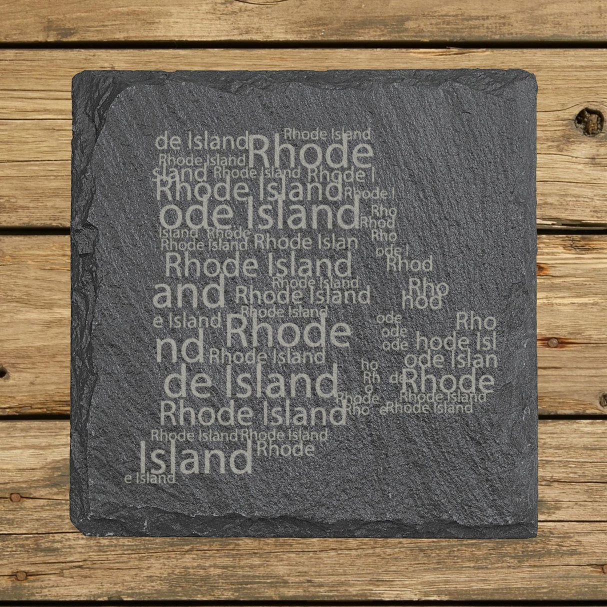 Rhode Island square slate coaster engraved with a word cloud of repeating Rhode Island text