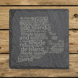 Rhode Island square slate coaster engraved with a word cloud of repeating Rhode Island text