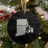 Rhode Island round slate Christmas ornament engraved with the state shape and RHODE ISLAND in bold lettering