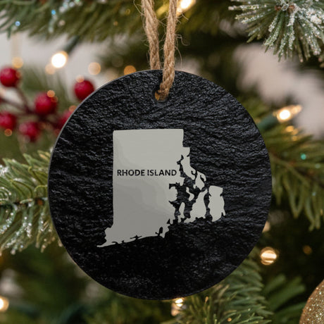 Rhode Island round slate Christmas ornament engraved with the state shape and RHODE ISLAND in bold lettering