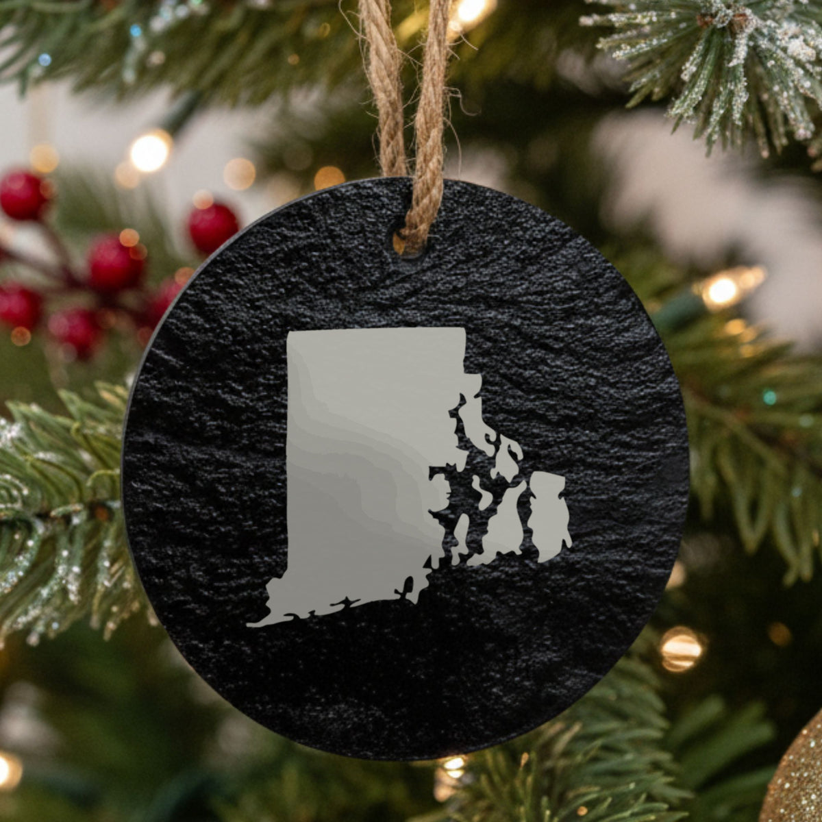 Rhode Island round slate Christmas ornament with the full state shape engraved