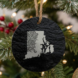 Rhode Island round slate Christmas ornament engraved with the state shape in ornate floral scrollwork
