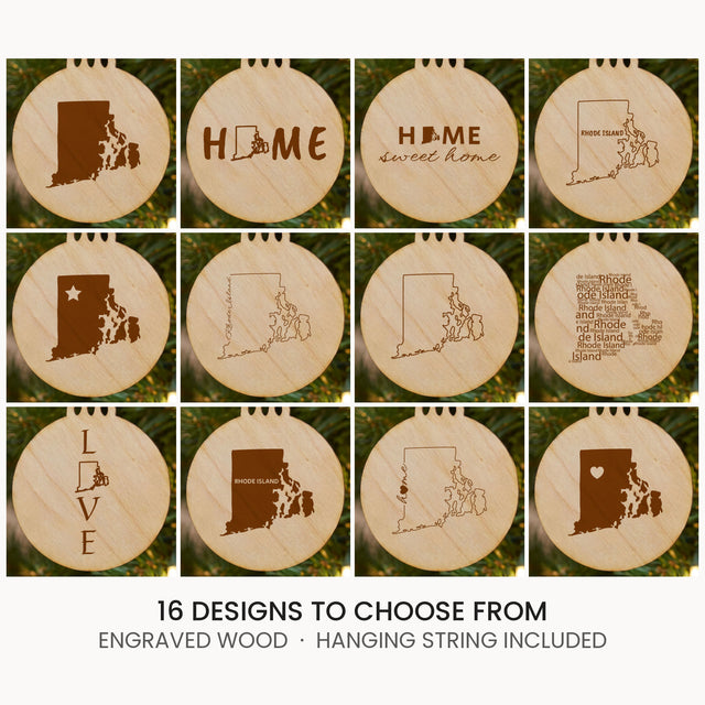 Rhode Island wood Christmas ornament, laser engraved natural wood