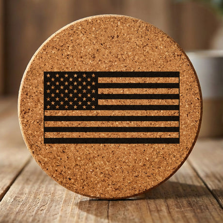 Round cork coaster laser engraved with an American flag, classic design