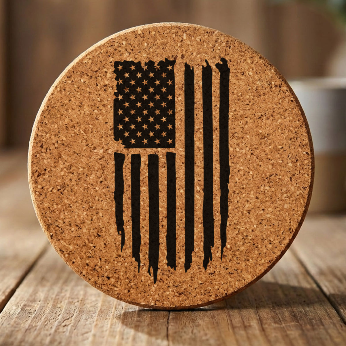 Round cork coaster laser engraved with an American flag, distressed vertical design