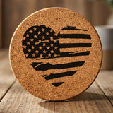 Round cork coaster laser engraved with an American flag, heart design