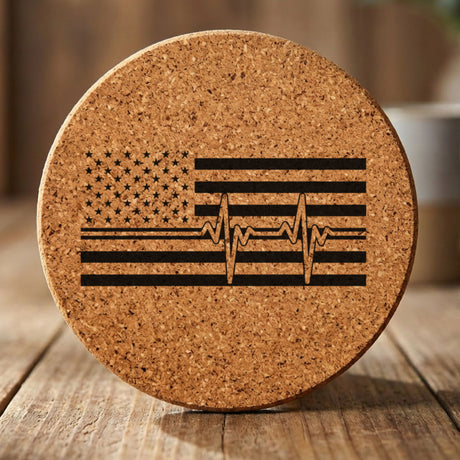 Round cork coaster laser engraved with an American flag, heartbeat design